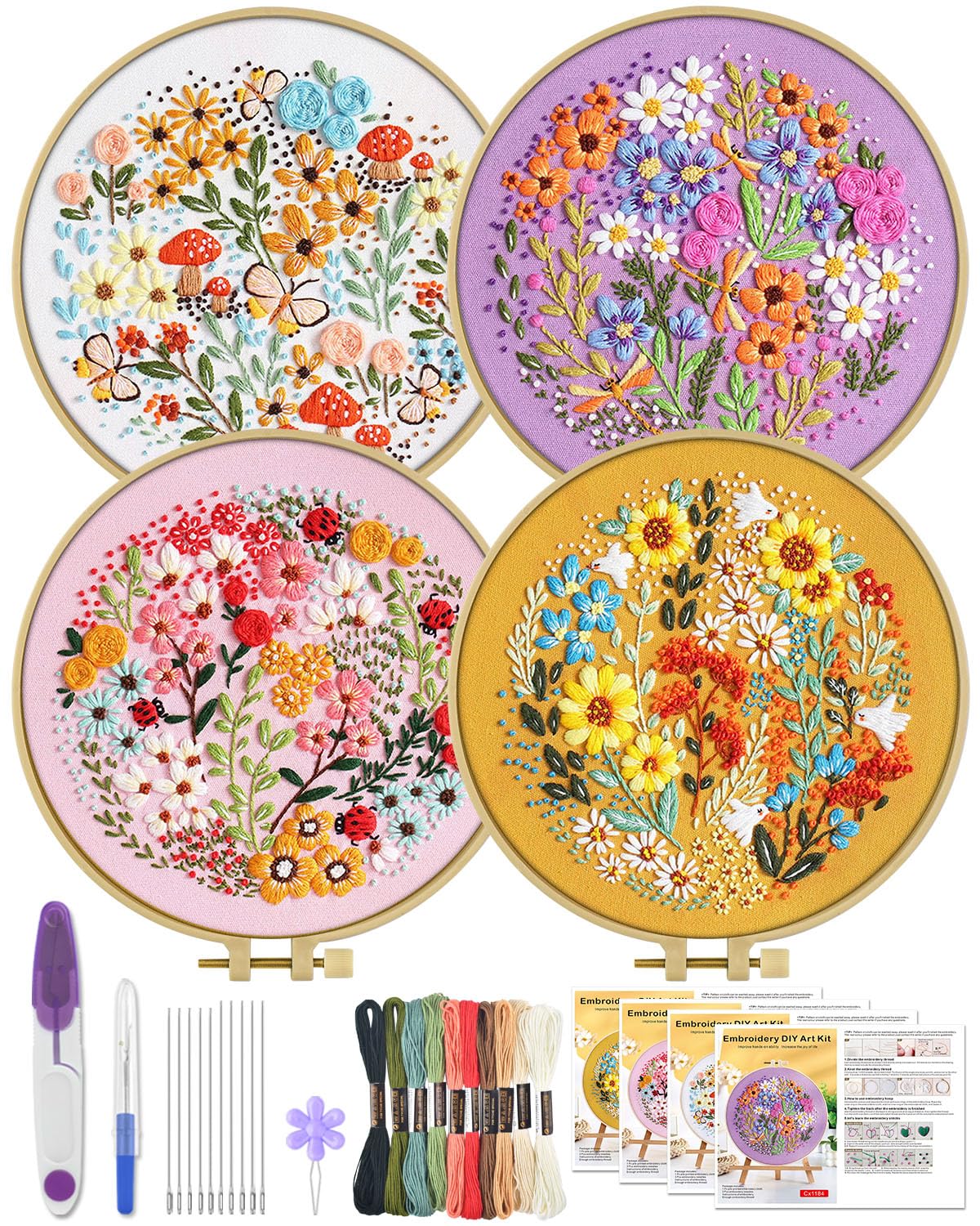 4 Sets Embroidery Kit for Beginners,Hummingbird and Flower Cross Stitch Set for Include Embroidery Cloth Hoops Threads for Craft Lover Hand Stitch (Flower)