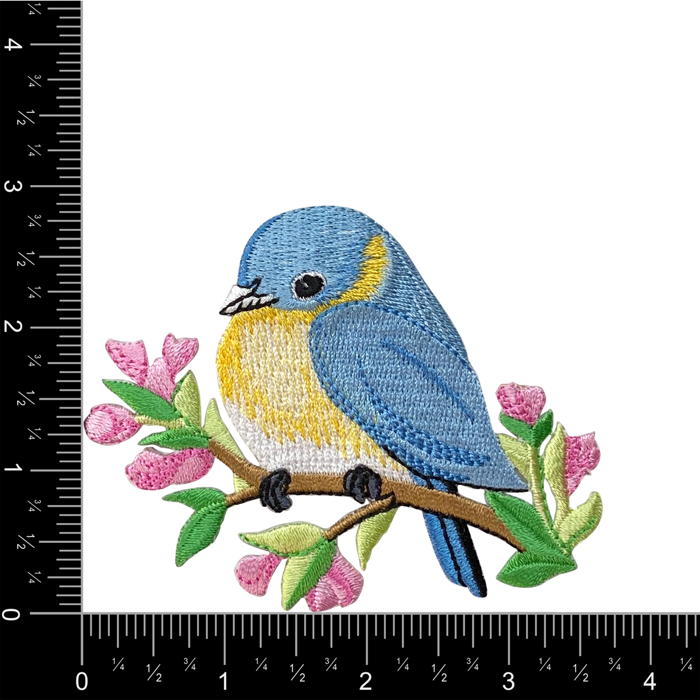 Bluebird on Tree Branch with Flowers Embroidered Patch Embroidered, Iron on Patch