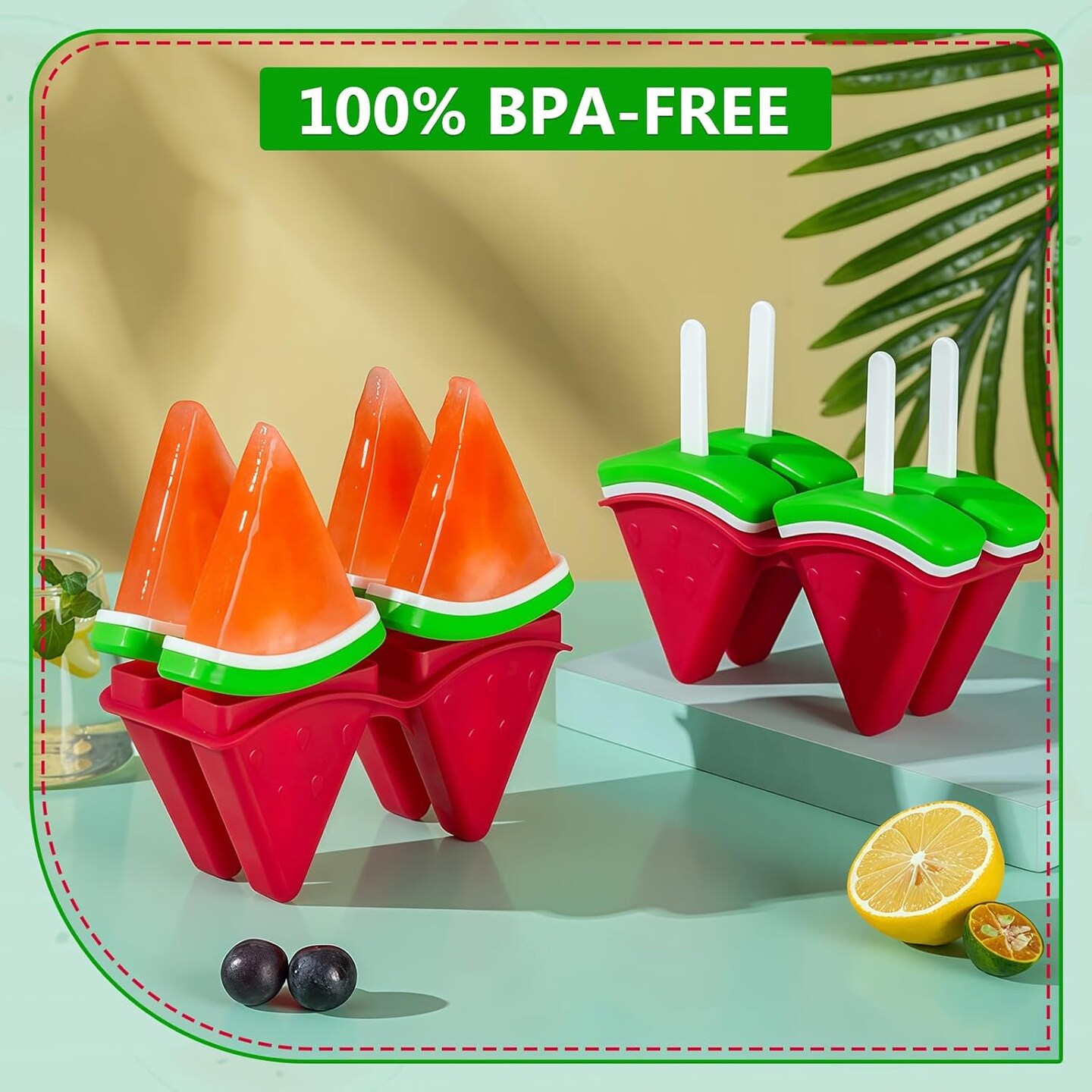 Watermelon-Shaped Popsicle Molds for Kids - 4 Cavity BPA-Free Reusable Ice Pop Molds, Easy Release DIY Homemade Ice Cream Maker for Toddlers & Summer Treats