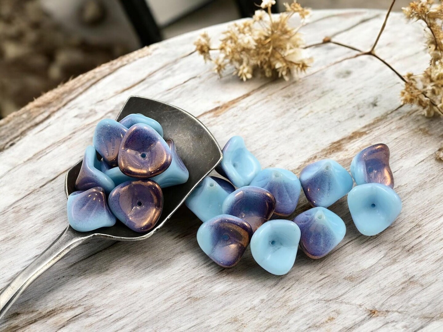 *15* 8x12mm Purple Bronze Washed Opaque Sky Blue 3 Petal Bell Flower Beads