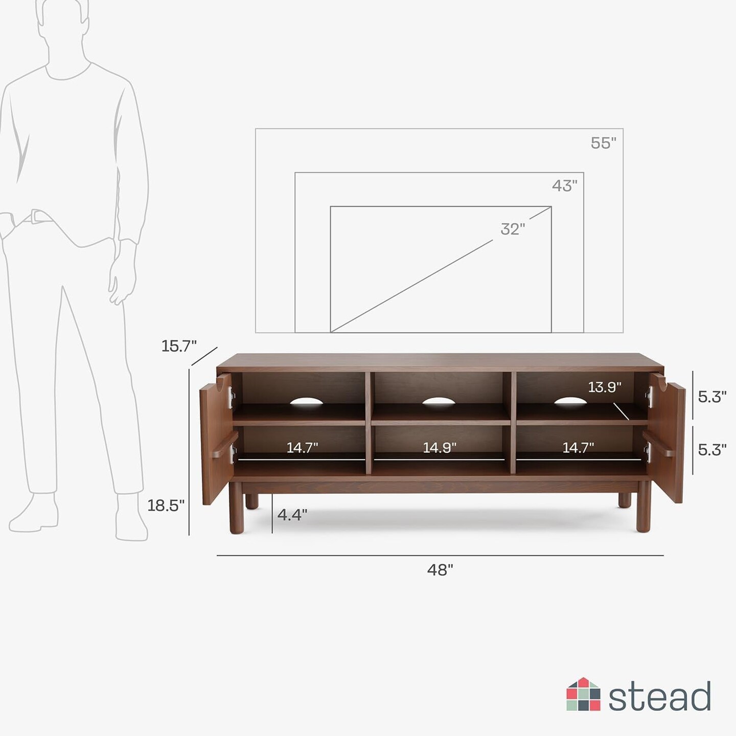Stead Low Profile Fluted TV Stand, Mid Century Modern TV Stand, Living Room Furniture - 48&#x201D; Entertainment Center with Shelves and Doors, Fits 55&#x22; TVs, Walnut TV Stand, Modern Home Decor (Walnut)
