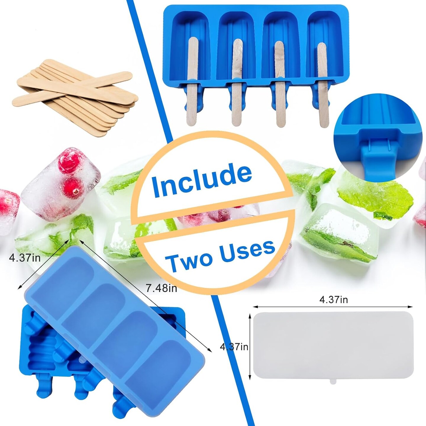 Popsicle Molds Set of 3,Ice Pop Molds Silicone 4 Cavities Ice Cream Oval Cake Pop Mold,with 50 Wooden Sticks for DIY Popsicle,Cake Pop, Ice Pop, Cakesicles(blue)