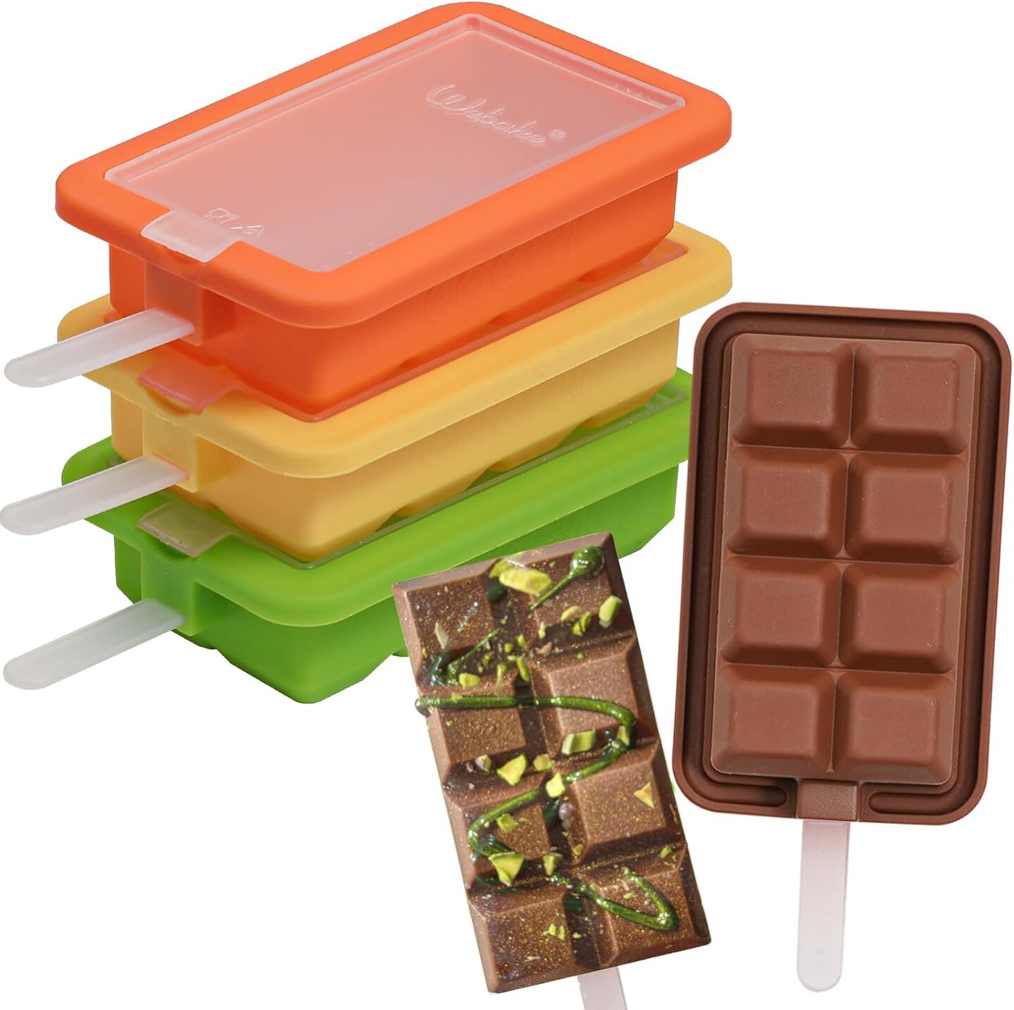 Silicone Popsicle Molds for Dubai Chocolate Ice Cream Bar, Ice Pop Mold with Popular Chocolate Bar Design for Homemade Frozen Snacks, 4 Pack Studry Plastic Lids and Sticks