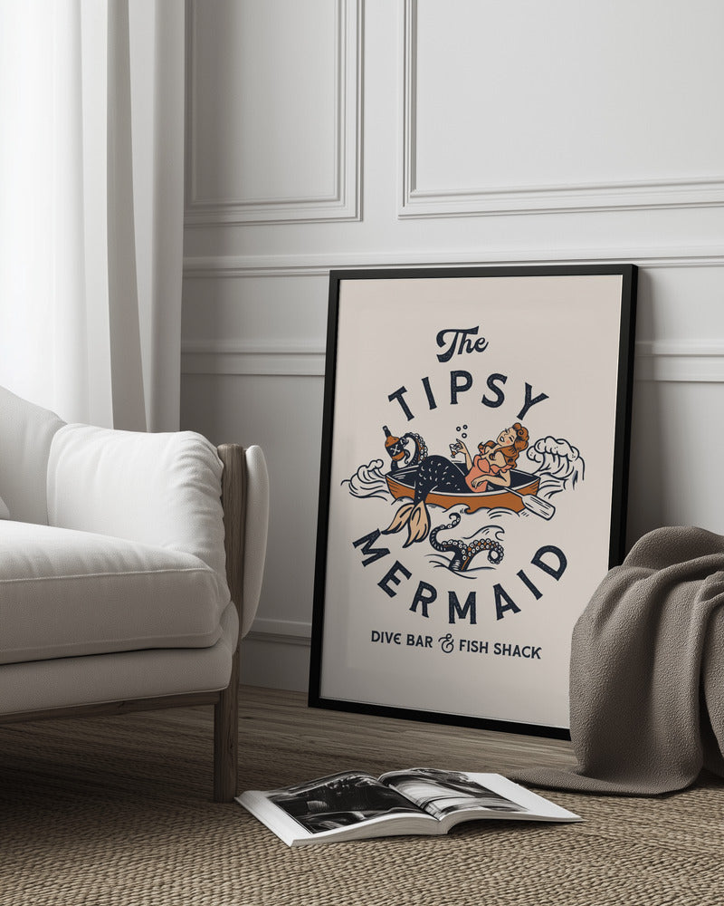 Tipsy Mermaid Dive Bar Mermaid Art - The Whiskey Ginger 24x36 Black Framed Art | Home or Office Art