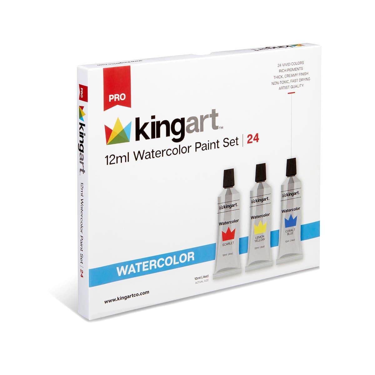 KINGART® PRO Artist Watercolor Paint, 12ml (.4oz), Set of 24 Unique Colors