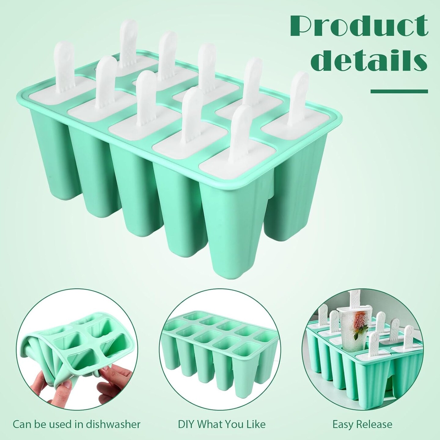 Mini Silicone Popsicle Mold, 10-cavity DIY Ice Pop Mold with Reusable Sticks,Homemade Popsicles Molds,Ice Cream Mold,Ice Pop Molds Maker (Green)