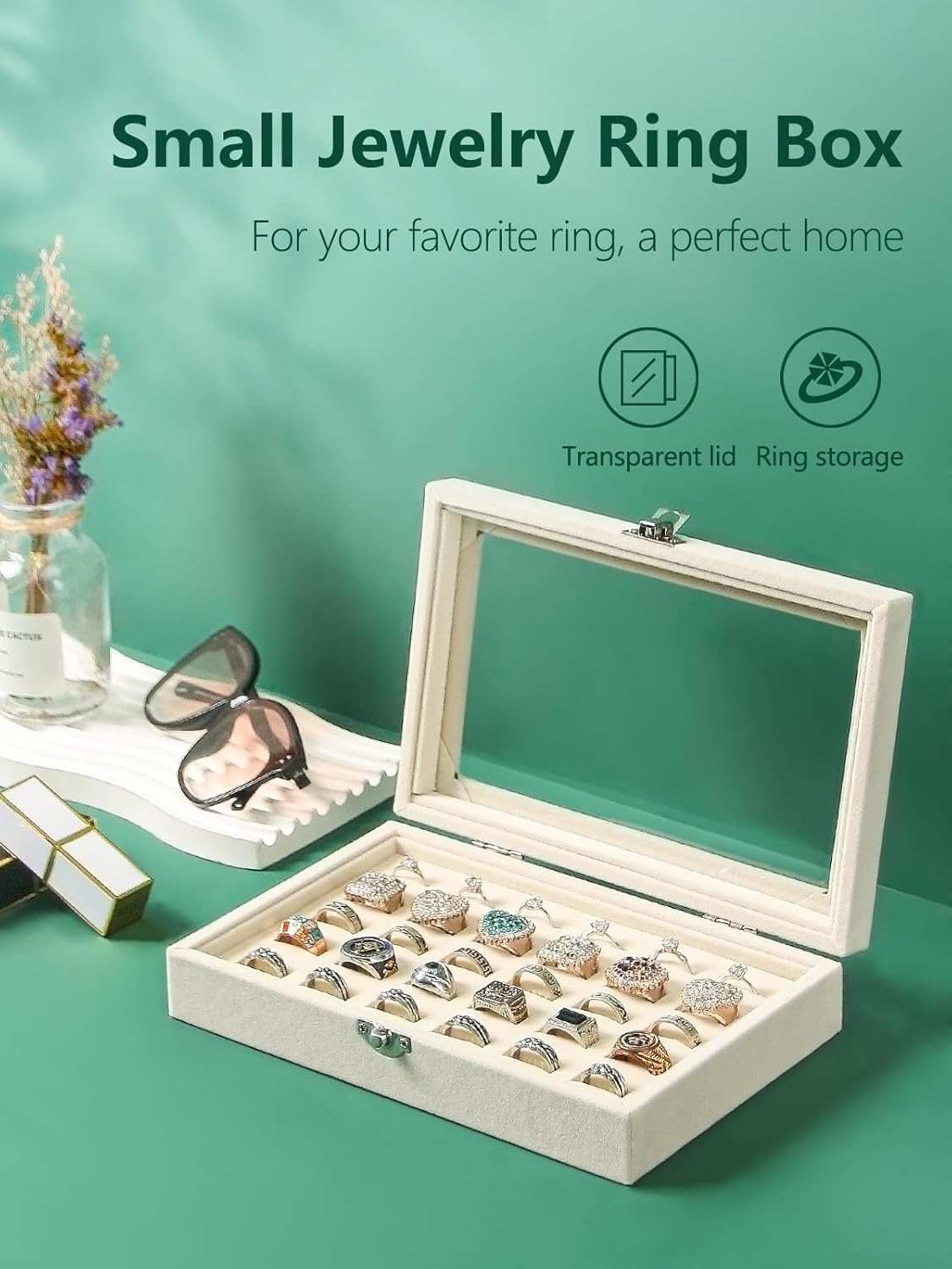 Ring Holder Organizer Box,Jewelry Ring Display Case, Earring Necklace Storage Tray With Top Glass Lid