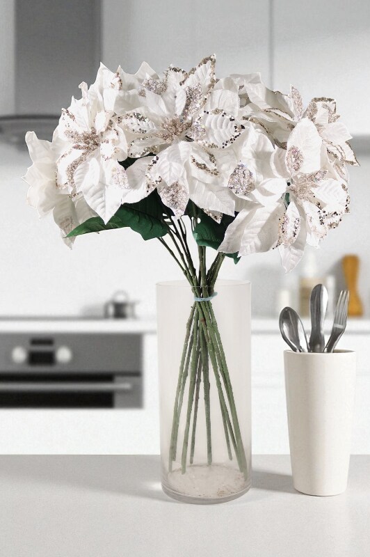 33&#x22; White Poinsettia &#x2013; Artificial Holiday D&#xE9;cor Flower, Christmas Faux Plant for Home, Wreaths &#x26; Centerpieces, Set of 3