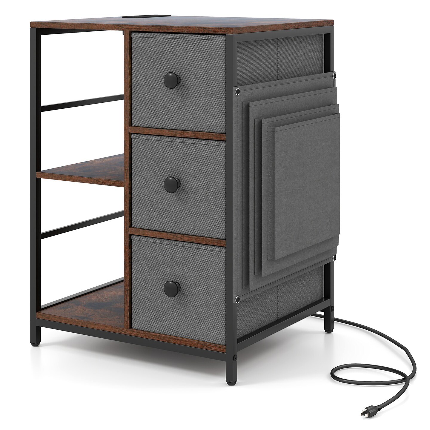 Brown Industrial Nightstand Side Table with Charging Station Open Shelves