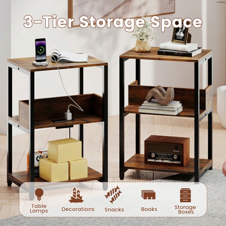 Rustic Brown Side End Table with Charging Station and Open Shelves