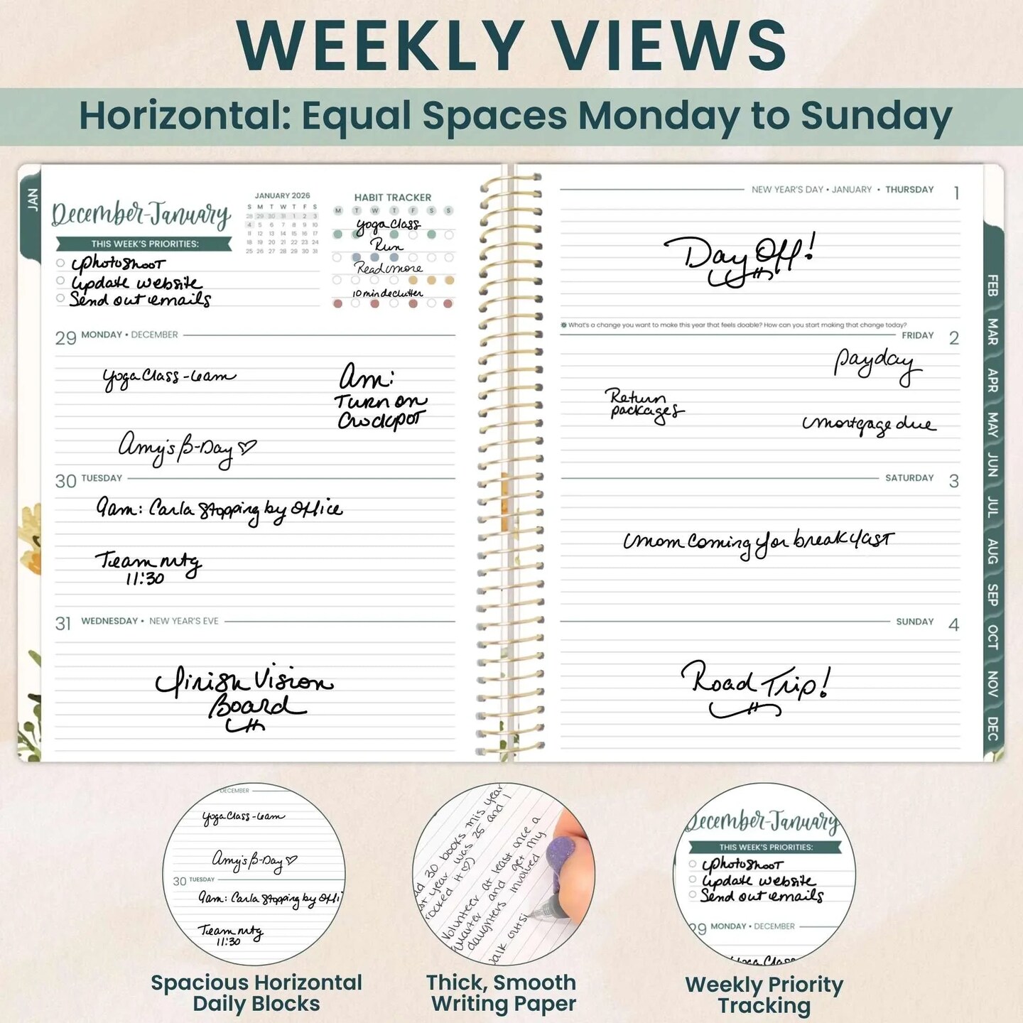 bloom daily planners 2026 Soft Cover Weekly & Monthly Planner, 8.5" x 11", Beige Bouquet