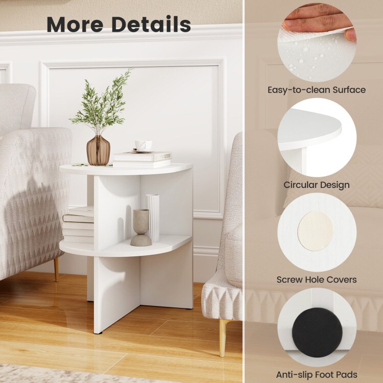 White Half-Round End Table with Open Shelves for Small Spaces