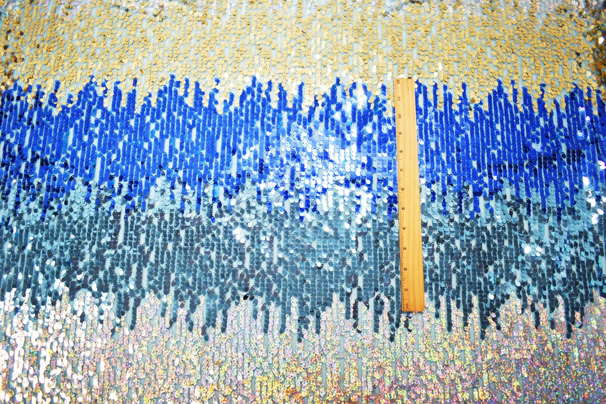 Aquatic Blue-Gold-Silver Nylon Sequin Striped Mesh Tulle Fabric By the Yard