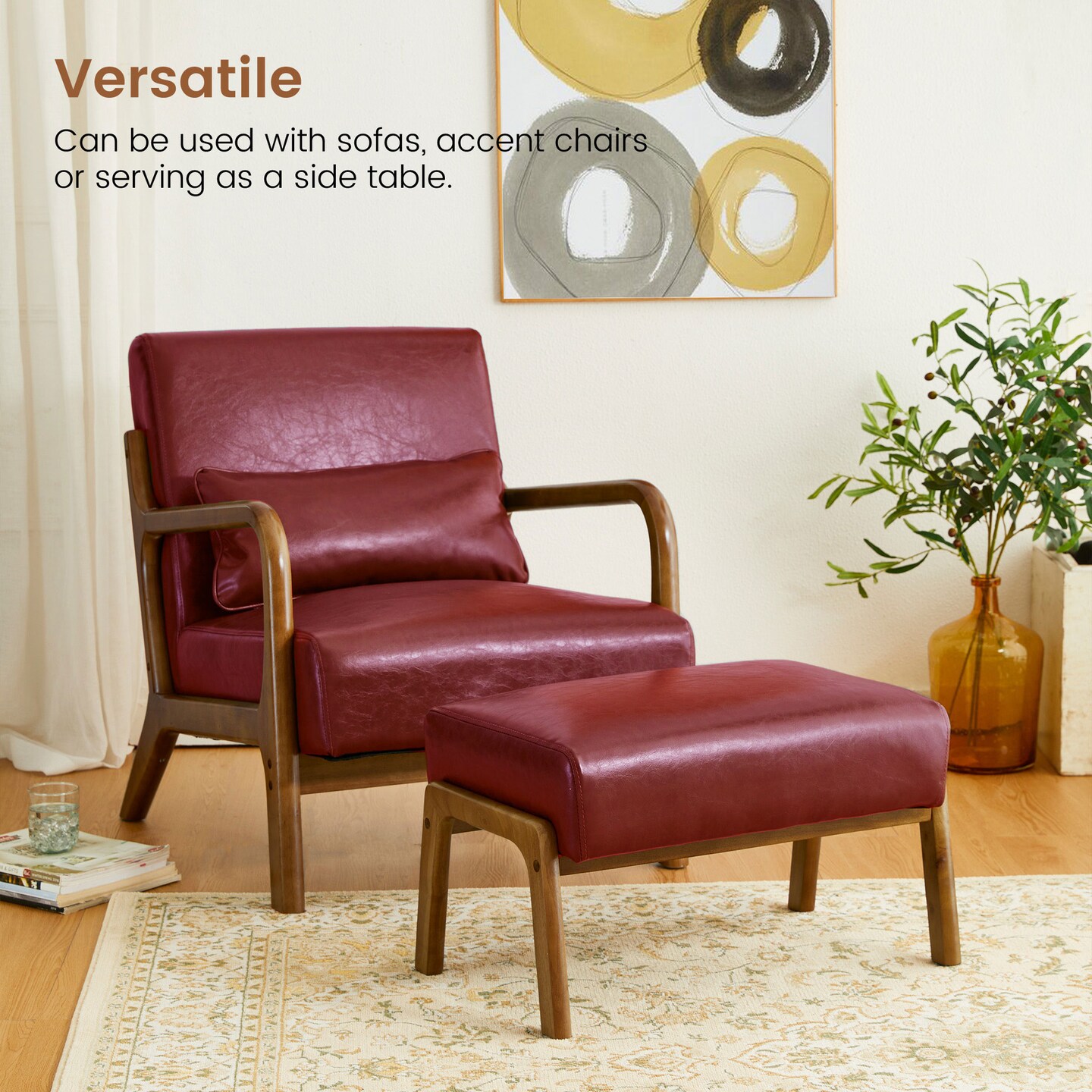 Mid-century Modern Leatherette Accent Stool with Walnut Rubberwood Legs