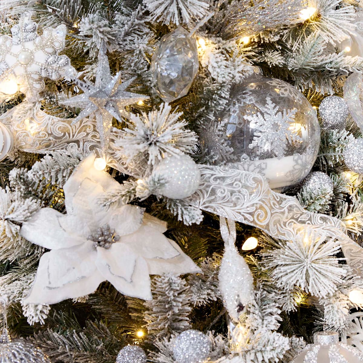 8&#x2033; White &#x26; Silver Glitter Poinsettia Clip Ornament &#x2013; Christmas Floral Accent