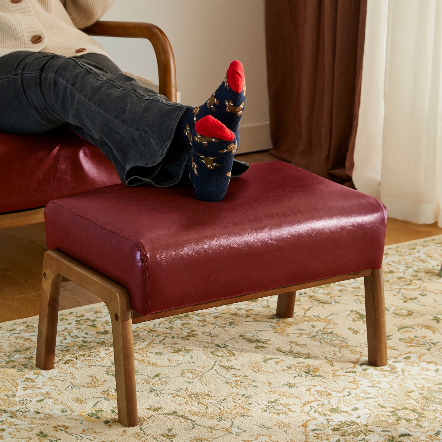 Mid-century Modern Leatherette Accent Stool with Walnut Rubberwood Legs