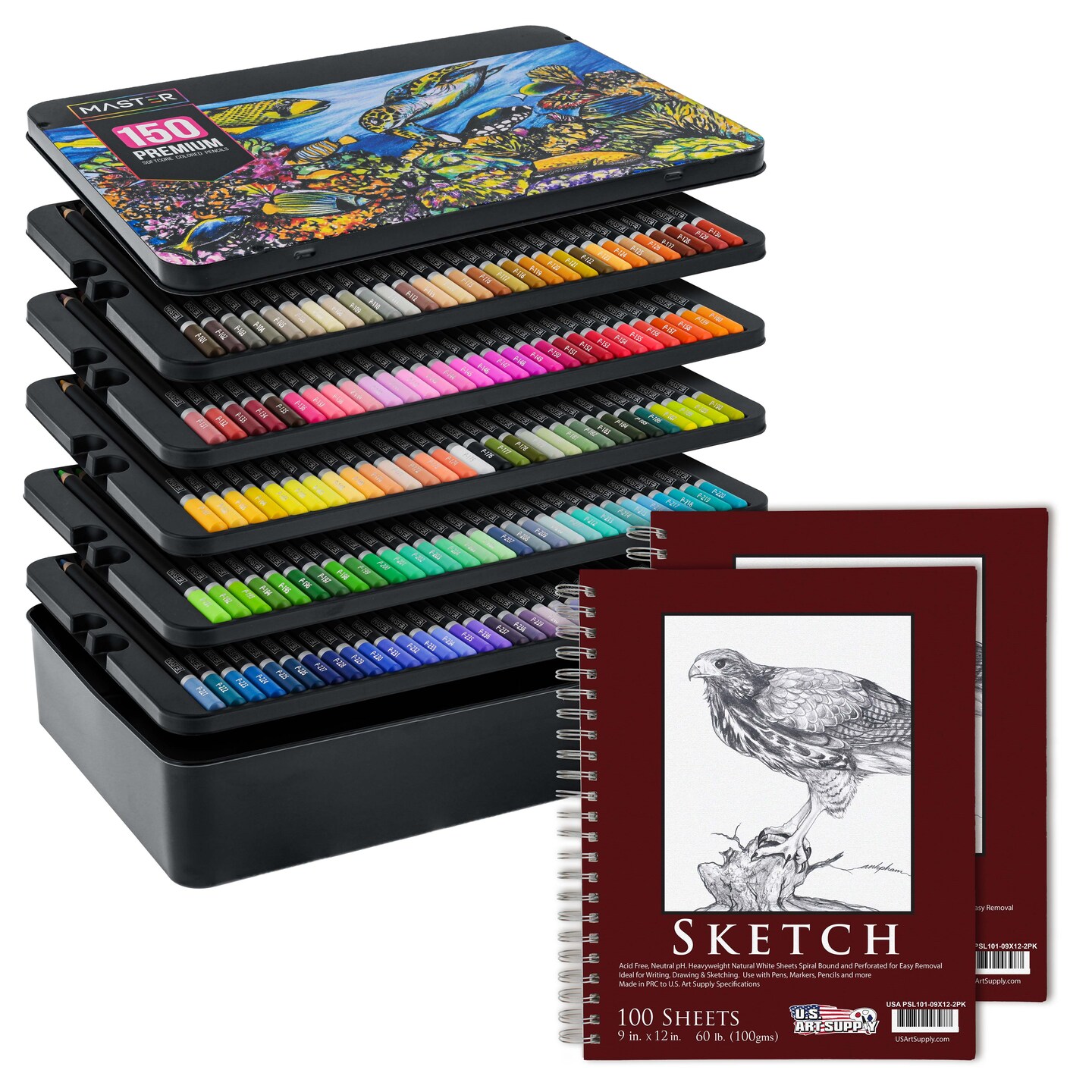 Master 150 Colored Pencil Mega Tin Set with Premium Soft Thick Core Vibrant Color Leads with 2 Packs 9&#x22; x 12&#x22; Sketch Pads Drawing Paper - Artist Art