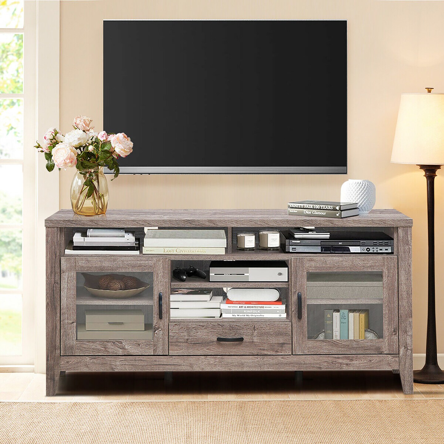 Costway TV Stand Tall Entertainment Center Hold up to 65'' TV w/ Glass Storage & Drawer