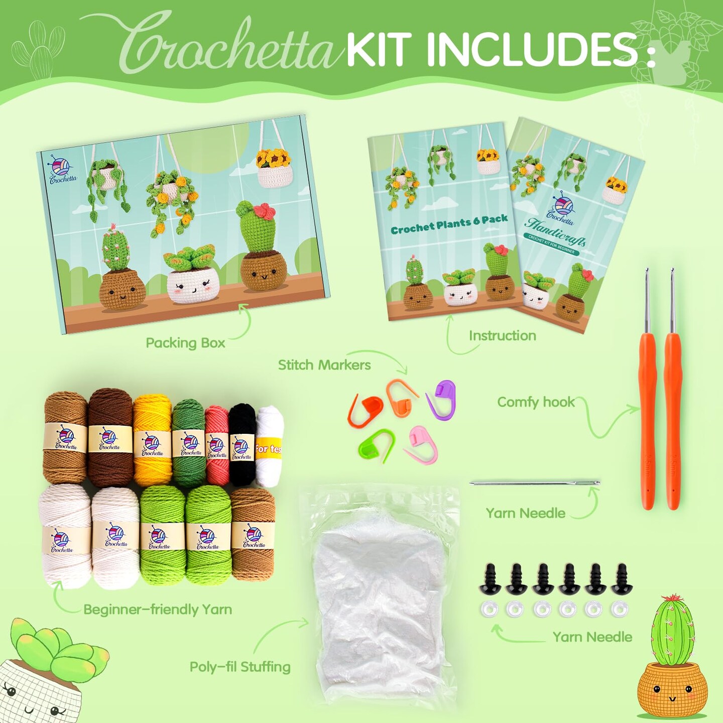Crochet Kit for Beginners, Crochet Starter Kits for Adults, Amigurumi Craft Knitting Crocheting Kits with Step-by-Step Video Tutorials, 6 Pc Hanging Potted Plants Family(40%+ Yarn