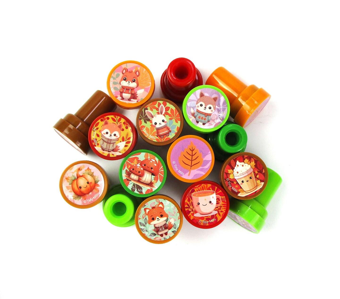TINYMILLS Cozy Fall Animal Self-Inking Stampers, 24 Pack Autumn Themed Stamps with Pumpkin, Latte, Fall Harvest Animal Designs Arts and Crafts Party Supplies