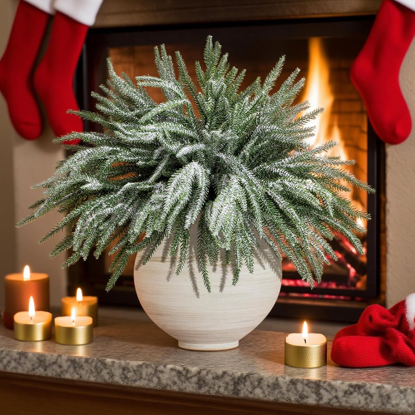 10 Pcs Christmas Snow Norfolk Pine Branches (Green, White)