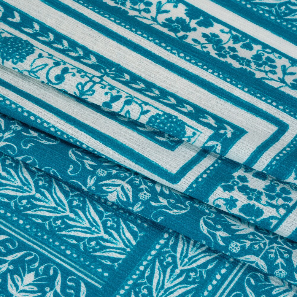 1 Yard Slubbed Gauzy Cotton Woven Panel Blue Floral and Square Print Fabric
