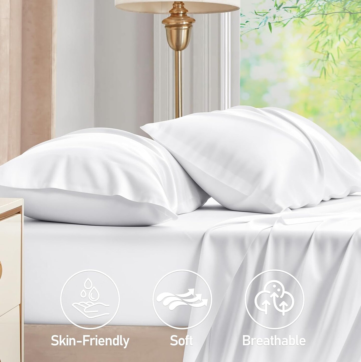 Pillow Cases Queen Size Set of 3, 100% Rayon Derived from Bamboo, Cooling Pillowcase, Soft &#x26; Breathable Pillow Covers with Envelope Closure, Eye mask (20x30 inches, White)