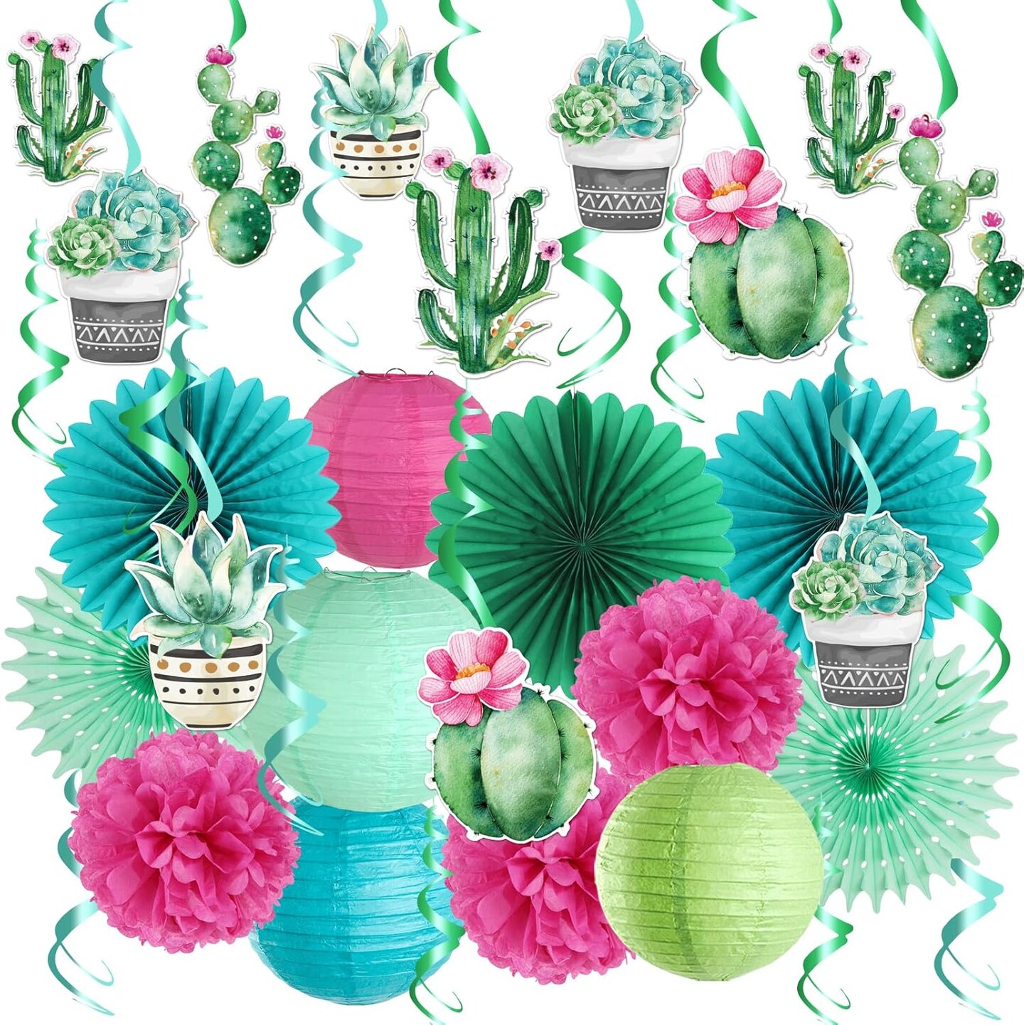 Summer Party Decoration Llama Party Hanging Cactus Swirls Paper Lanterns for Hawaiian Luau Tropical Party Plant Birthday Party Decorations