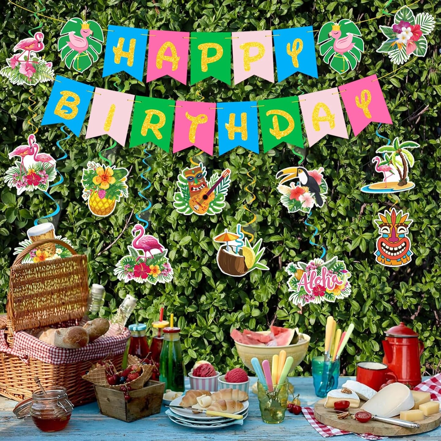 Hawaiian Aloha Party Banner Decorations, Aloha Flamingo Birthday Banner Garland with 12pcs Luau Pineapple Hanging Swirls Banners, Tropical Tiki Summer Beach Pool Birthday Party Decorations