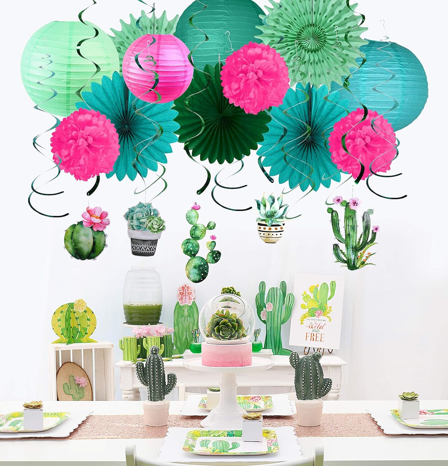 Summer Party Decoration Llama Party Hanging Cactus Swirls Paper Lanterns for Hawaiian Luau Tropical Party Plant Birthday Party Decorations
