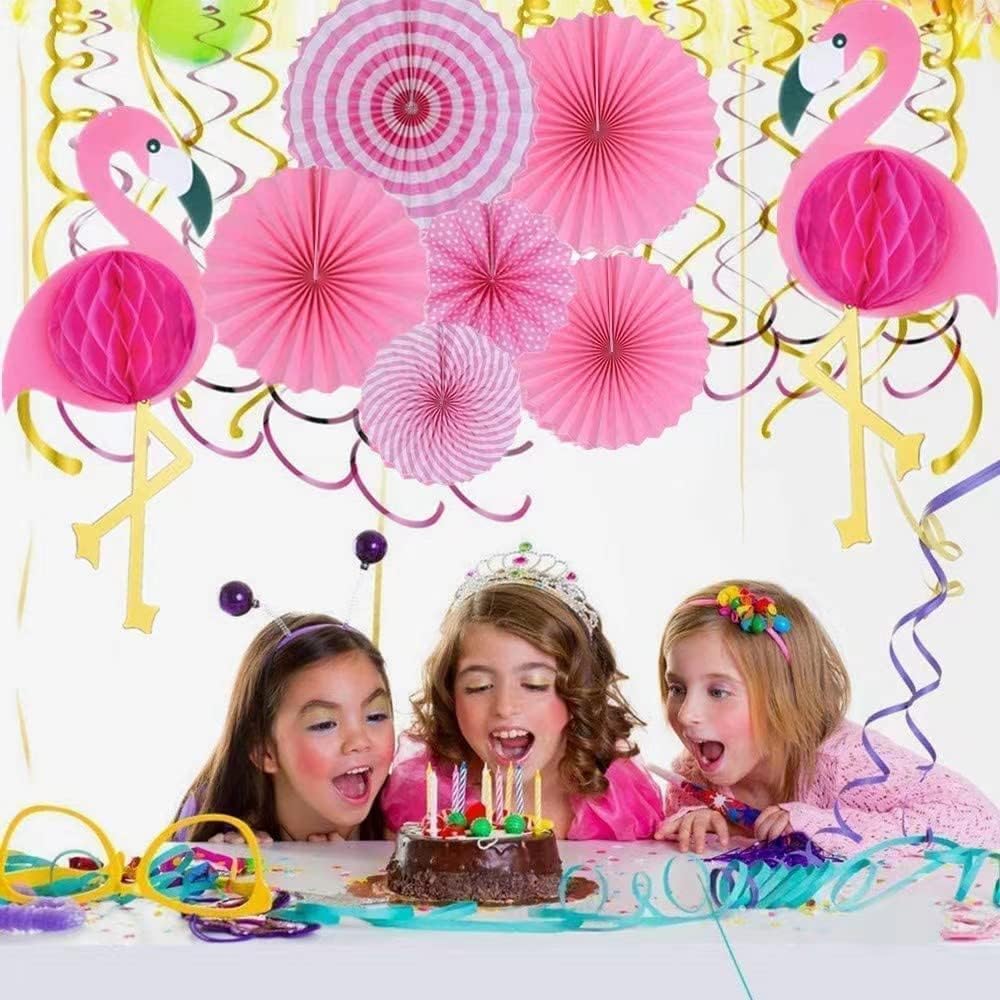 Flamingo Party Honeycomb Decoration, Hanging Pink Paper Fans, Birthday Banners, Swirl Decorations