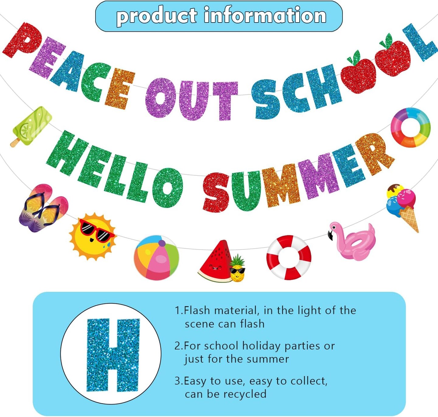 Schools Out for Summer Decorations, Glittery Peace out School Hello Summer Banner, NO-DIY End of School Year Party Decorations Include 1 Pc Last Day of School Decorations Banner and1 Pc Summer Garland