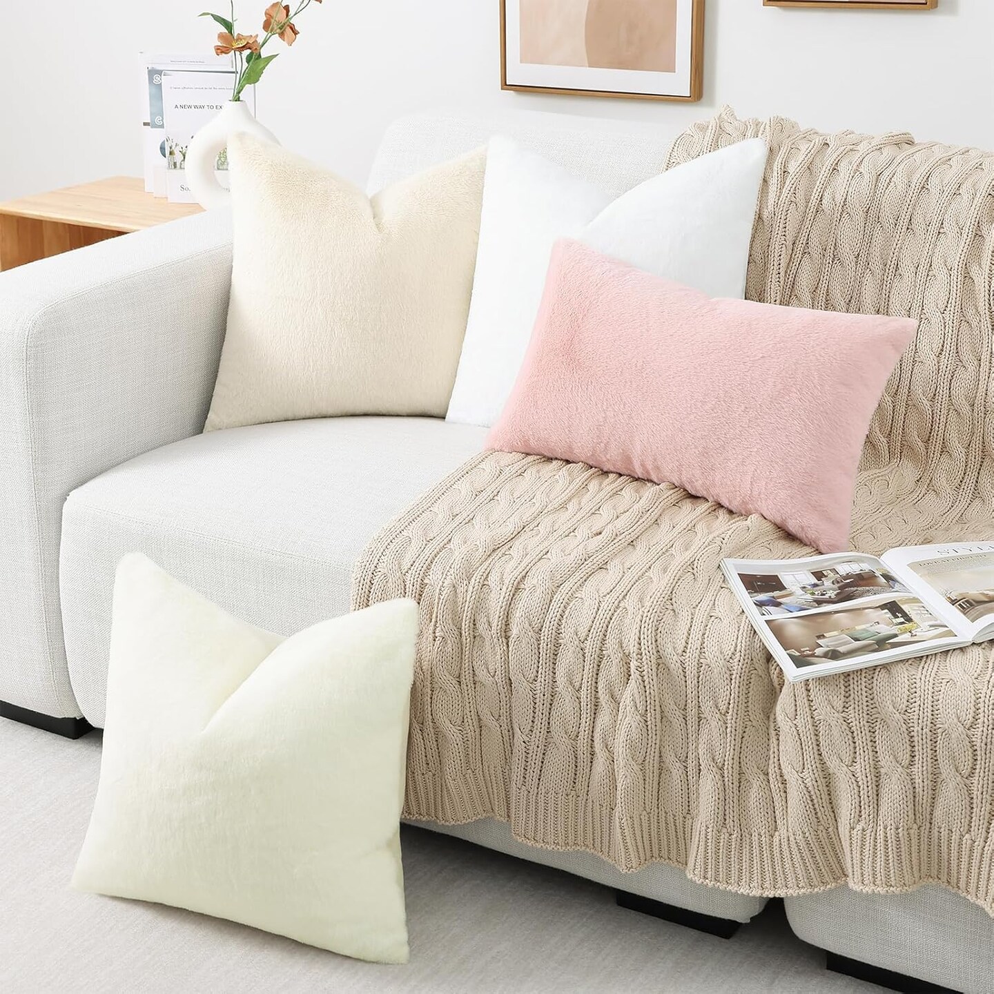 Faux Fur Plush Throw Pillow Covers 18x18 Set of 2, Luxury Soft Fluffy Cozy Decorative Pillow Covers for Sofa, Couch, Living Room, White