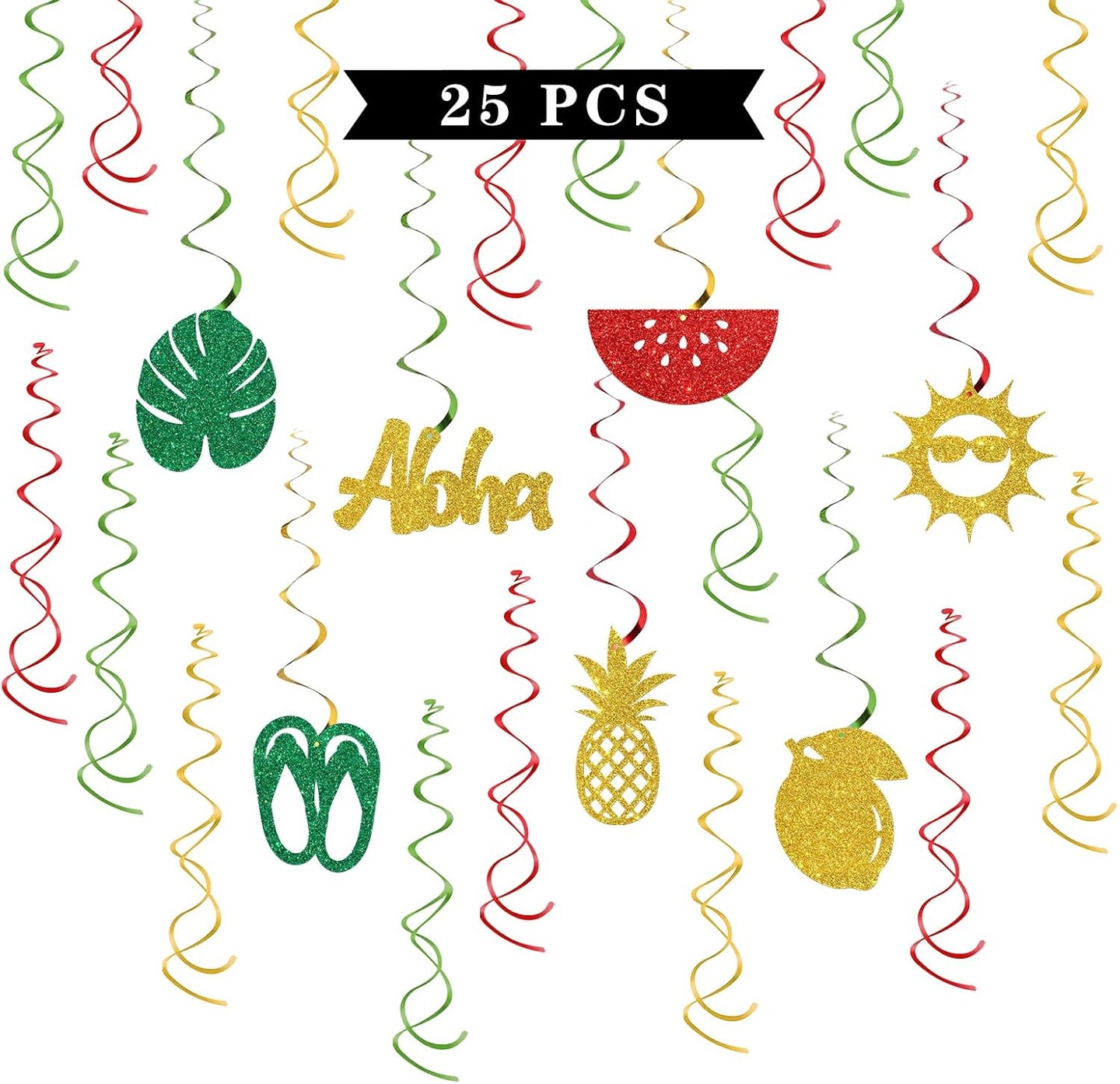 Hawaii Hanging Swirl Decorations - Glitter 20 Pcs Aloha Party Supplies - Luau Beach Summer Party Streamers