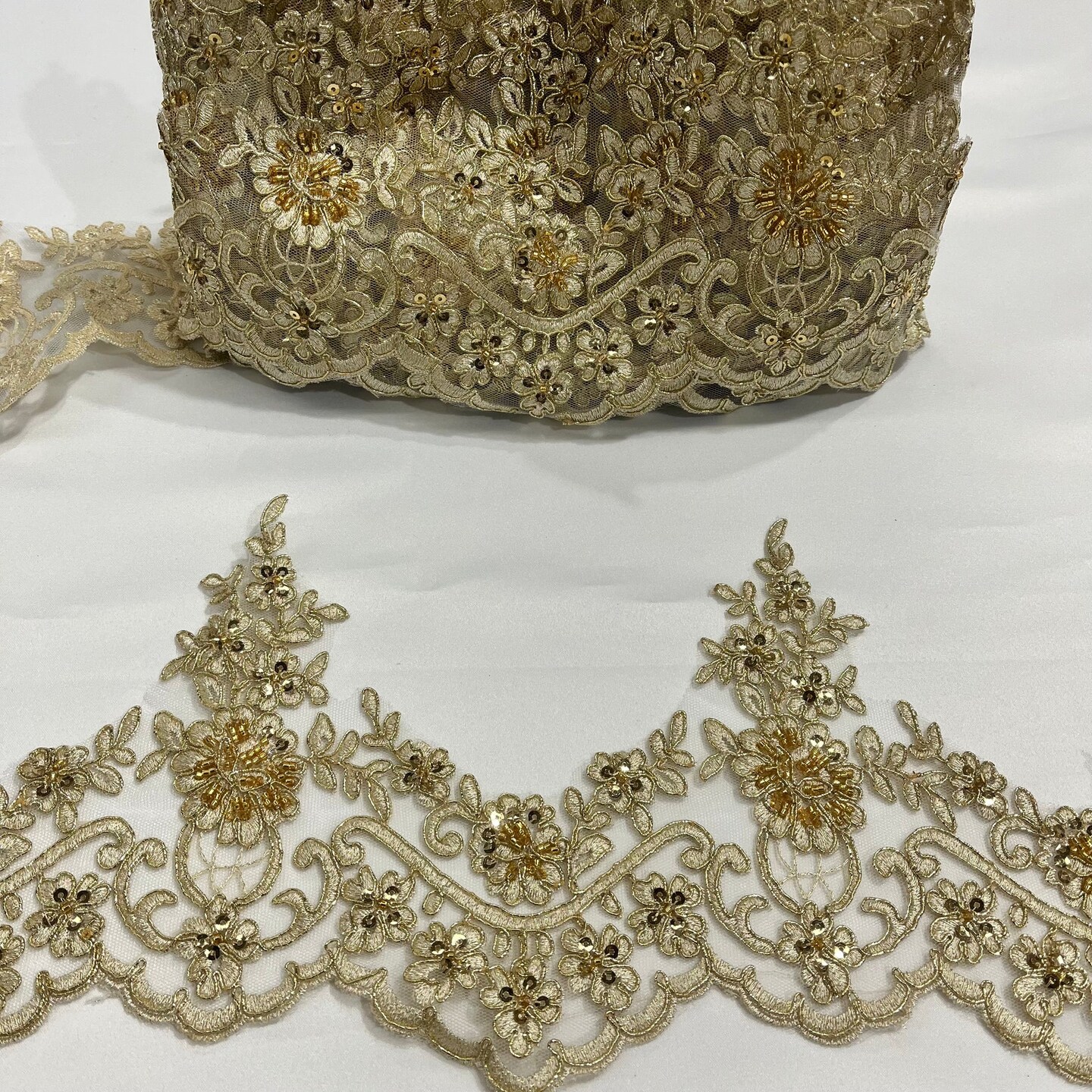 1 Yard Beaded & Corded Floral Lace Trimming Embroidered on 100% Polyester Net Mesh 6" Wide