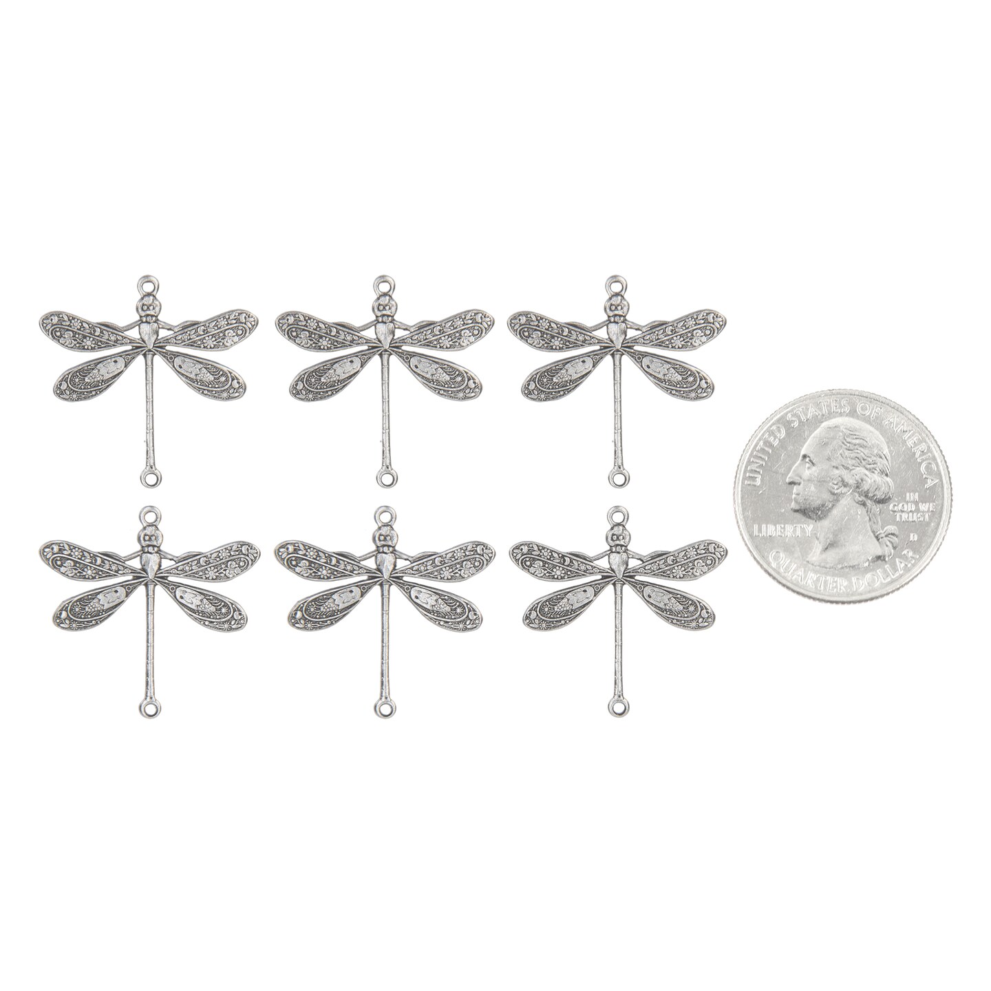 Pewter Plated Brass Medium Ornate Dragonfly Two Ring Connectors - Set of Six *P-2C13