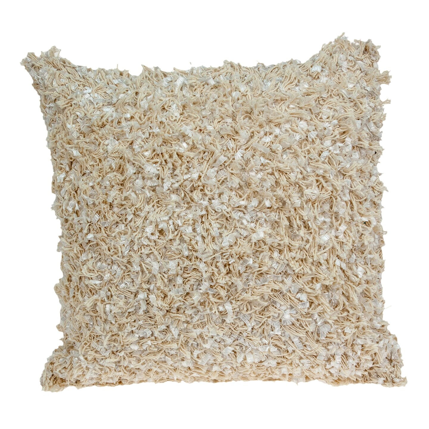 Nassau Collection Hand Woven Solid Shag Square Throw Pillow - 18&#x22; - Beige and White