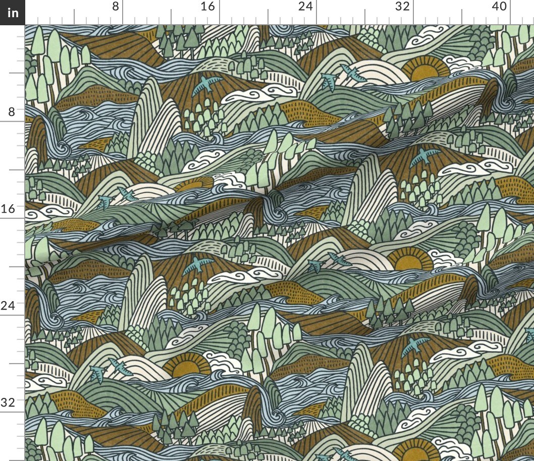 Geometric Nature Modern Landscape Outdoors Forest Sea Trees Animals Hills Calm Serene Neutral Custom Printed Fabric by Spoonflower Various Fabrics by the Yard or Fat Quarter