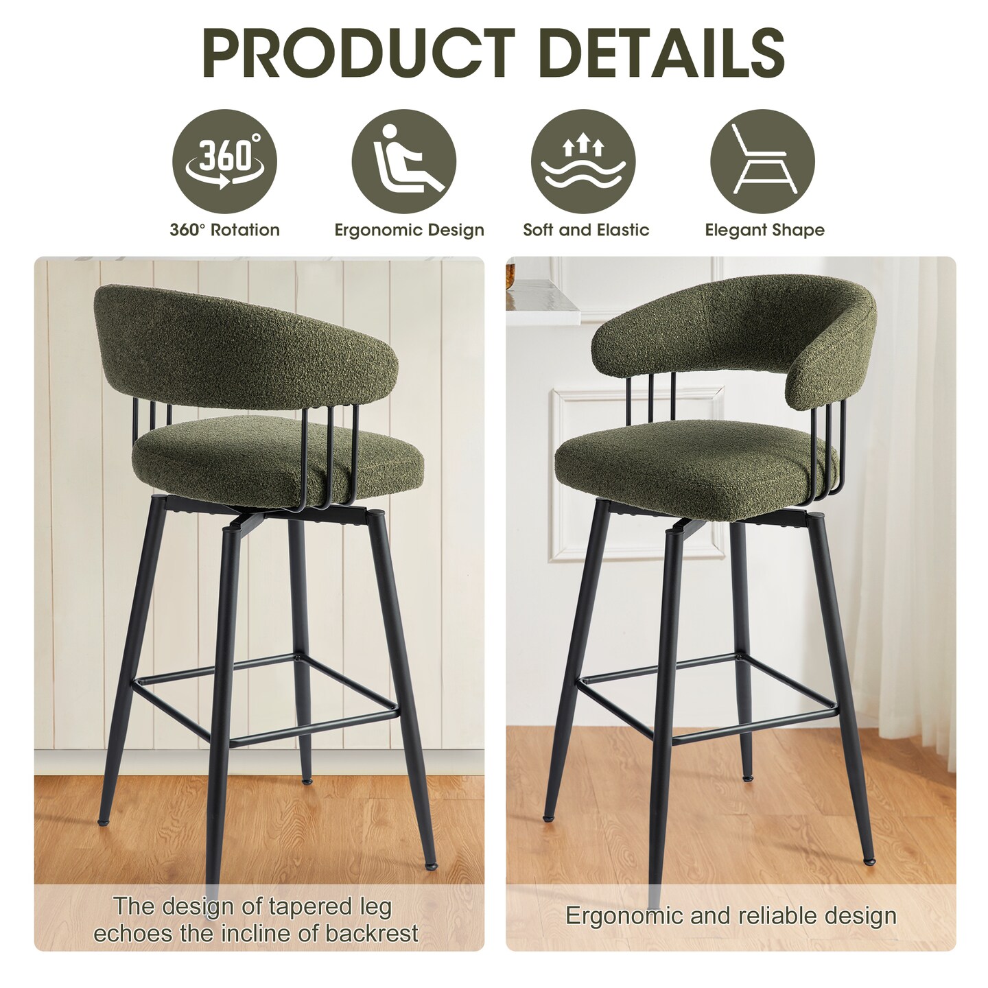 Set of 2/4 Modern Fabric Swivel Bar Stool with Tapered Black Metal Legs