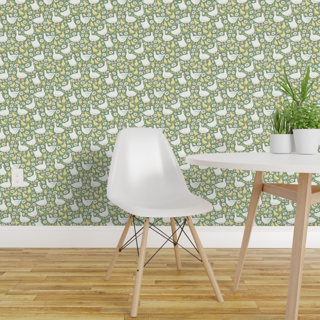 Peel &#x26; Stick Wallpaper 2FT Wide Cottage Duck Cottage Floral Whimsical Duckling Fun Cute Happy Cheerful Bright Pastel Dark Sage Green Blush Pink White Boho Baby Custom Removable Wallpaper by Spoonflower
