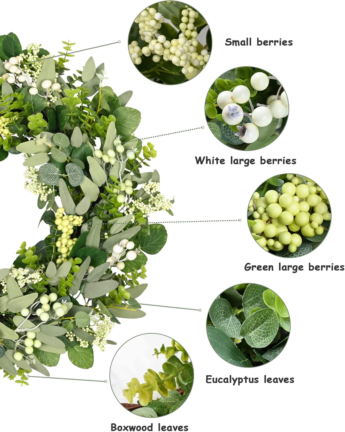 Green Eucalyptus Leaf Wreath, 24 Inch Artificial Spring Summer Wreaths for Front Door Decor Boxwood Wreath with Big Berries, Farmhouse Greenery Wreath Outside Year Round - Indoor/Outdoor