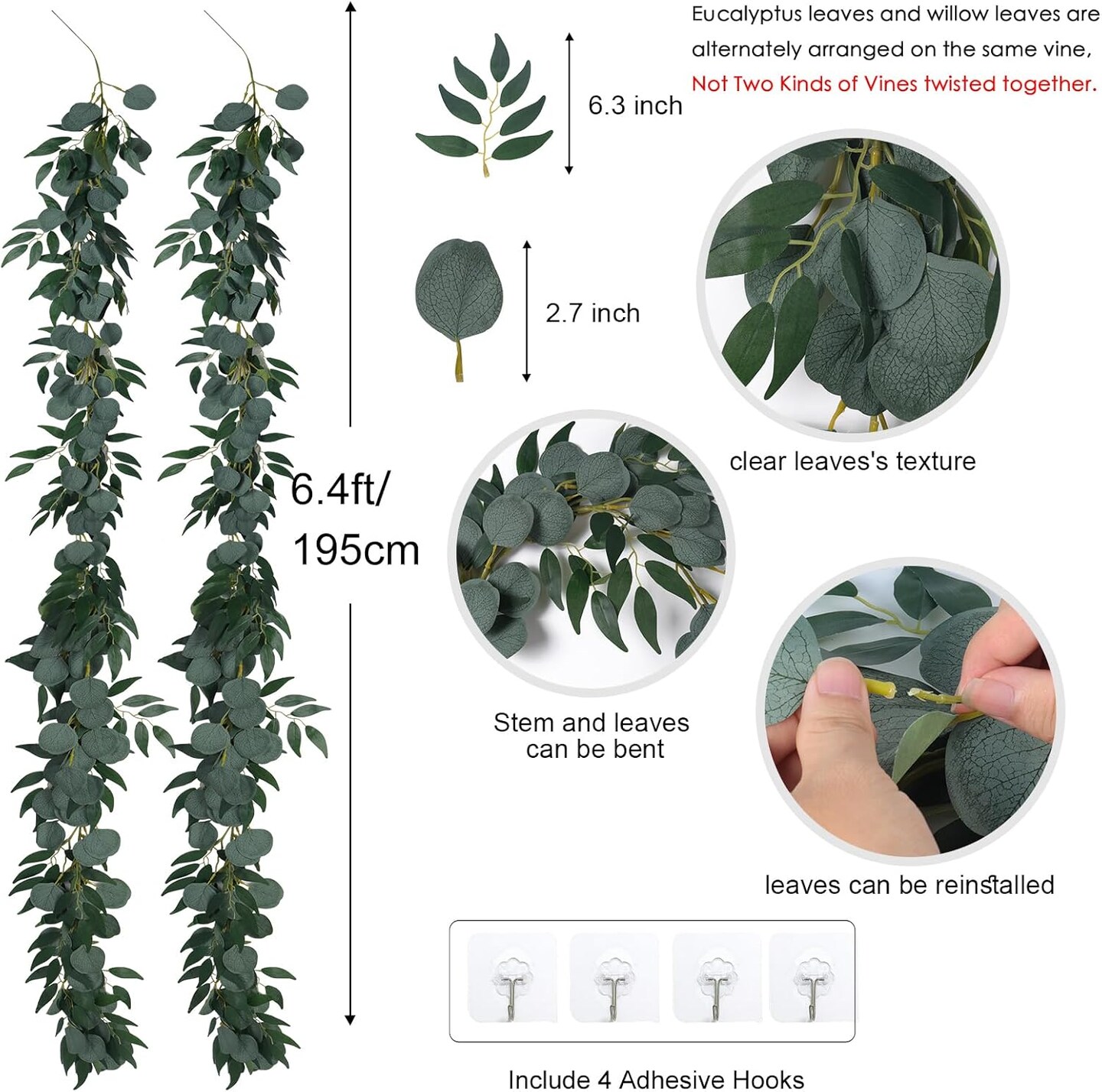 2Pack Artificial Eucalyptus Garland with Willow Leaves 6.5Feet Fake Hanging Plant Silk Eucalyptus Willow Leaves Ivy Garland Faux Greenery for Indoor Outdoor Wedding Party Home Table Runner Arch Decor