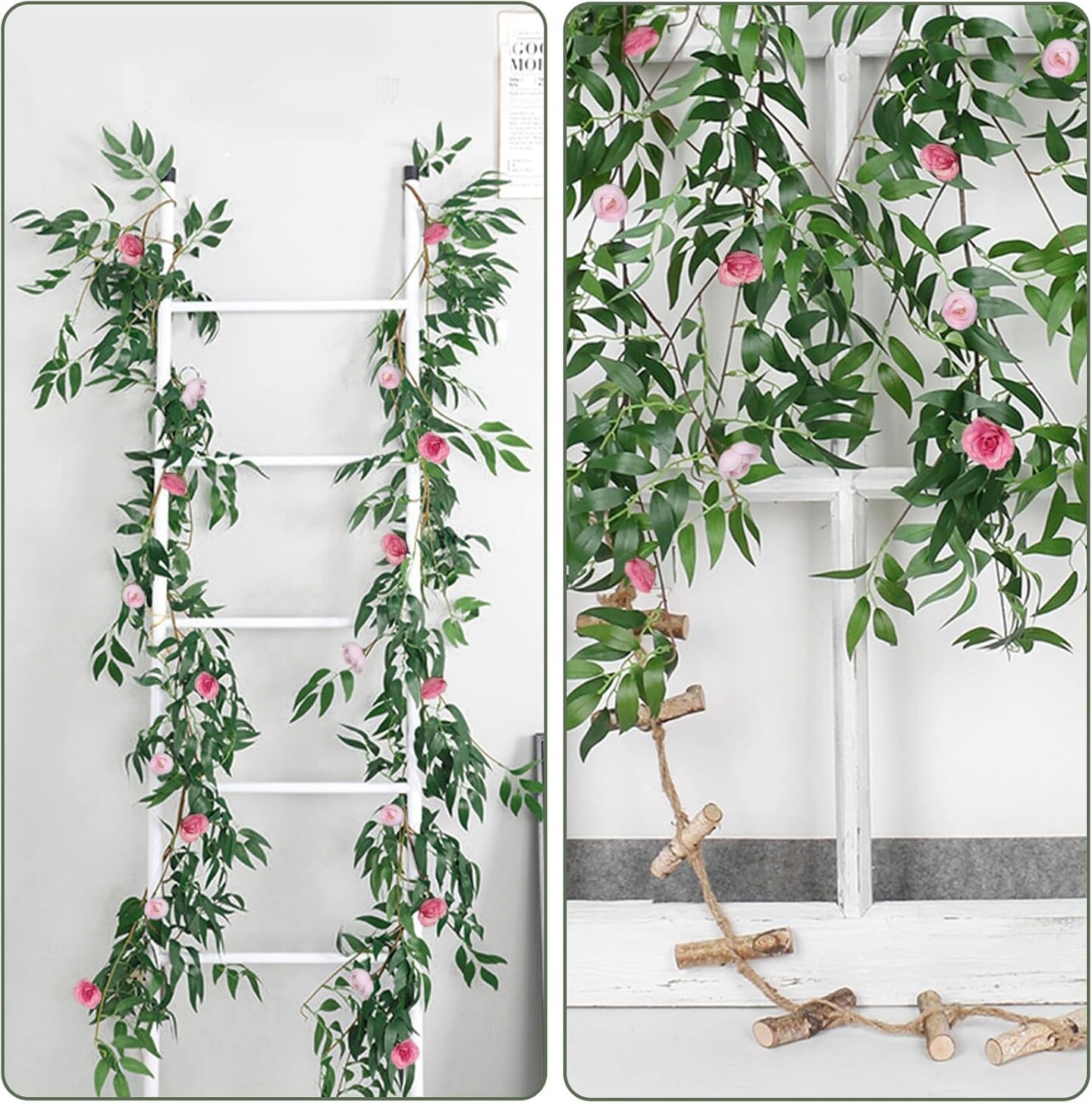 Artificial Hanging Willow Leaves Vine Twigs Whit Roses Flower 2Pc 5.7Ft Faux Ivy Plant Silk Green Leaf Rose Floral Garland Greenery Indoor Outdoor Wedding Jungle Birthday Party Garden Decor