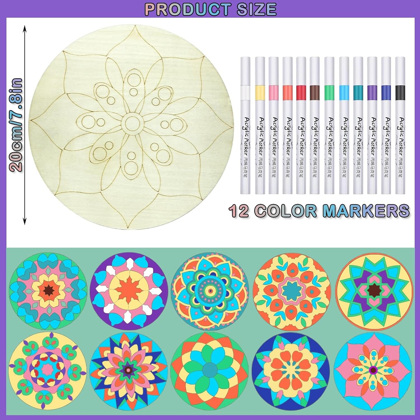 7.8Inch Wooden Mandala Painting Set 10Pcs Mandala Unfinished Wood Cutouts with 12 Markers for Crafts Mandala Wood Slices for DIY Crafts Tags (Different 10 Shapes Wood Slices+12Pcs Markers)