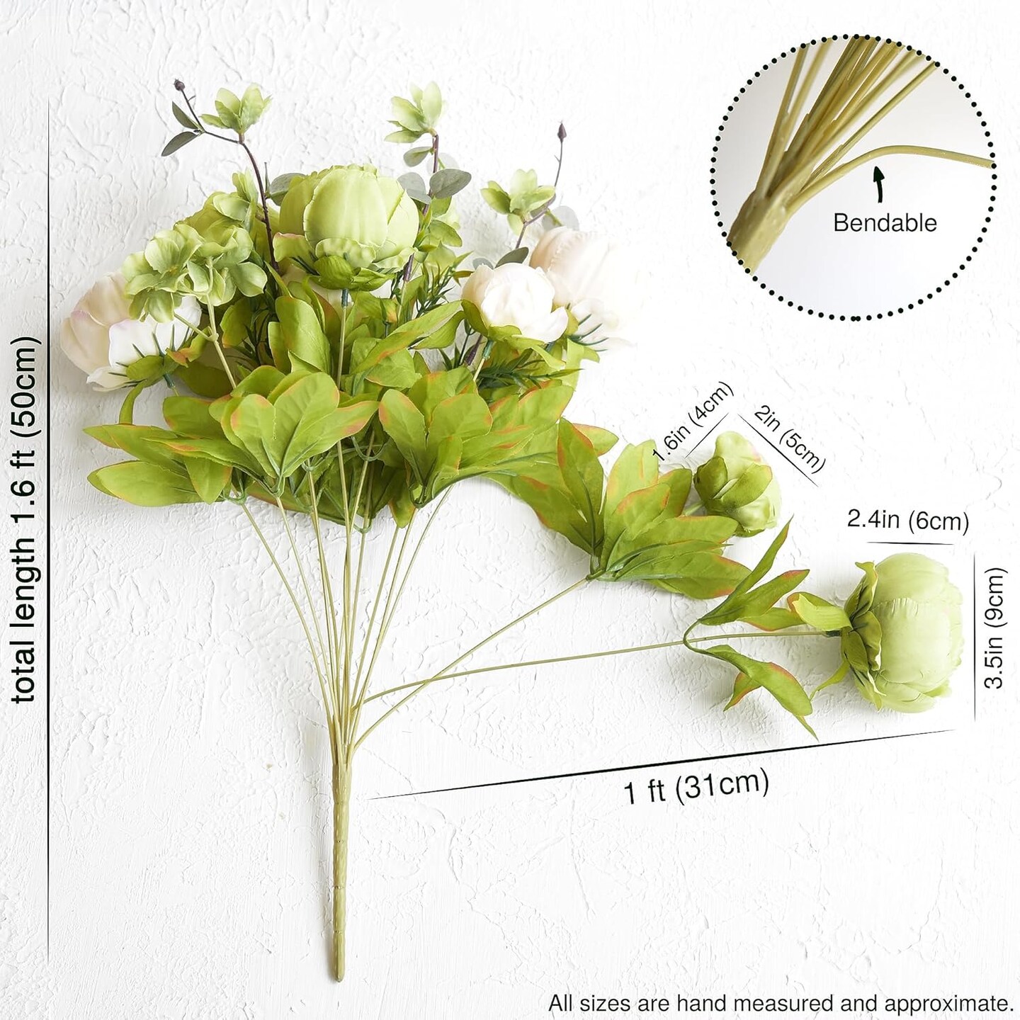 Mixed Cream Beige and Moss Green Vintage Artificial Silk Flower Peonies 2 Bouquets Floral
