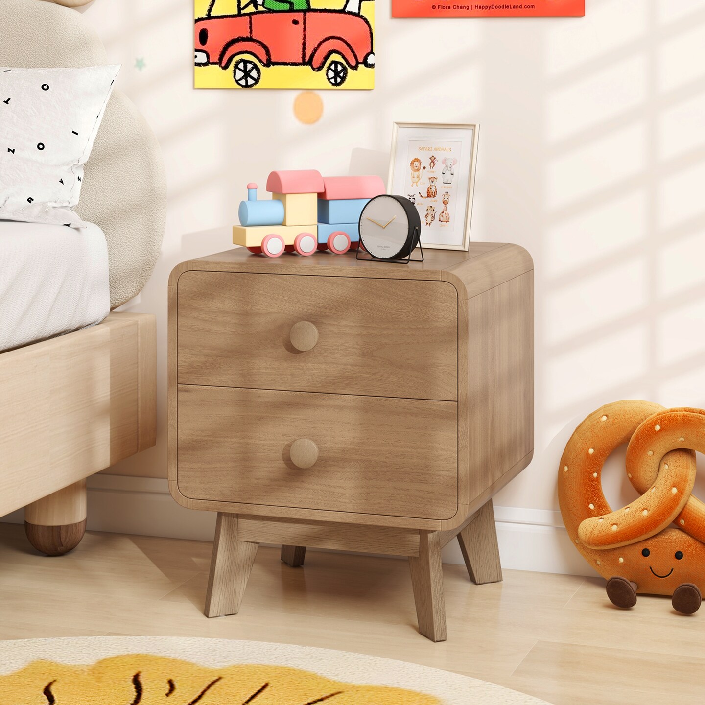 Costway 1/2 PCS Modern Style 2-Drawer Nightstand Bedside Table with Solid Rubber Wood Legs Brown