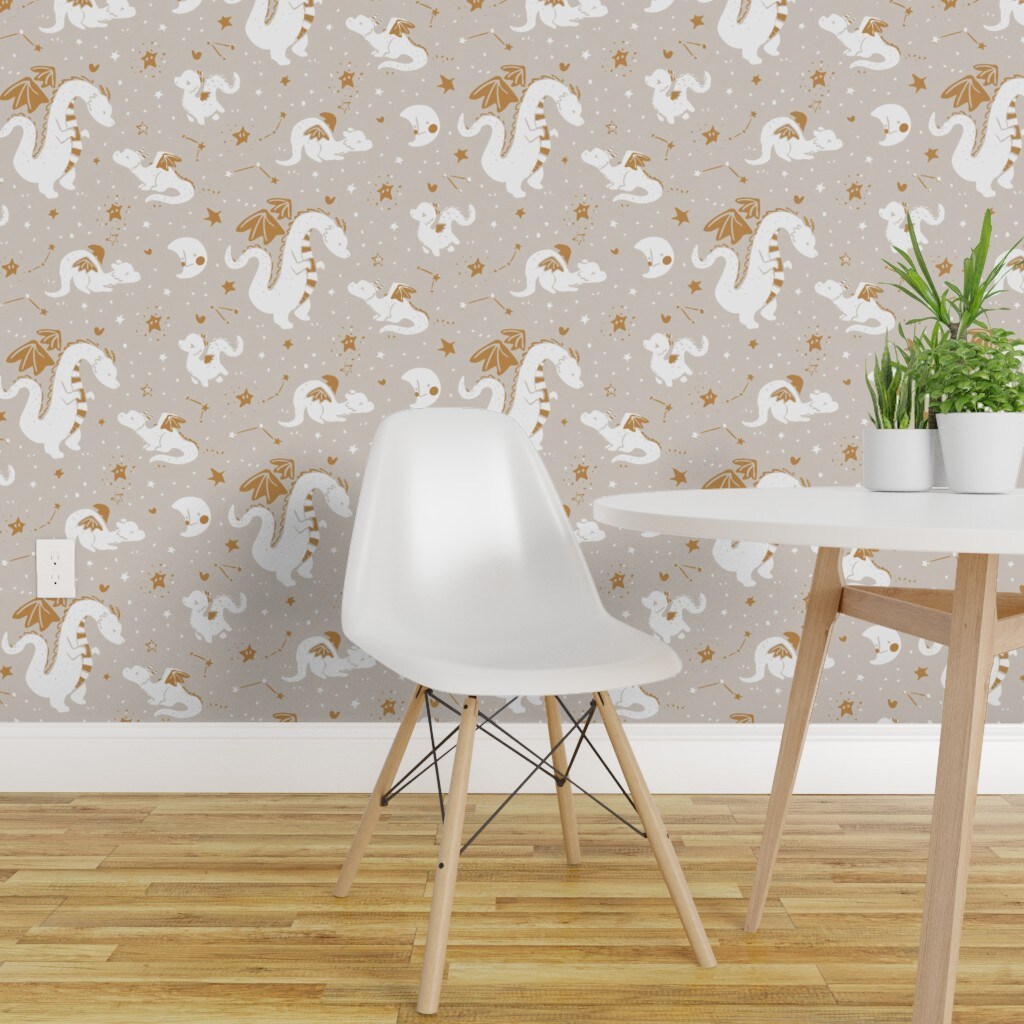 Peel &#x26; Stick Wallpaper 2FT Wide Boho Baby Dragon Fantasy Whimsical Warm Neutrals Gender Neutral Moon Stars Fun Cute Happy Cheerful Celestial Custom Removable Wallpaper by Spoonflower