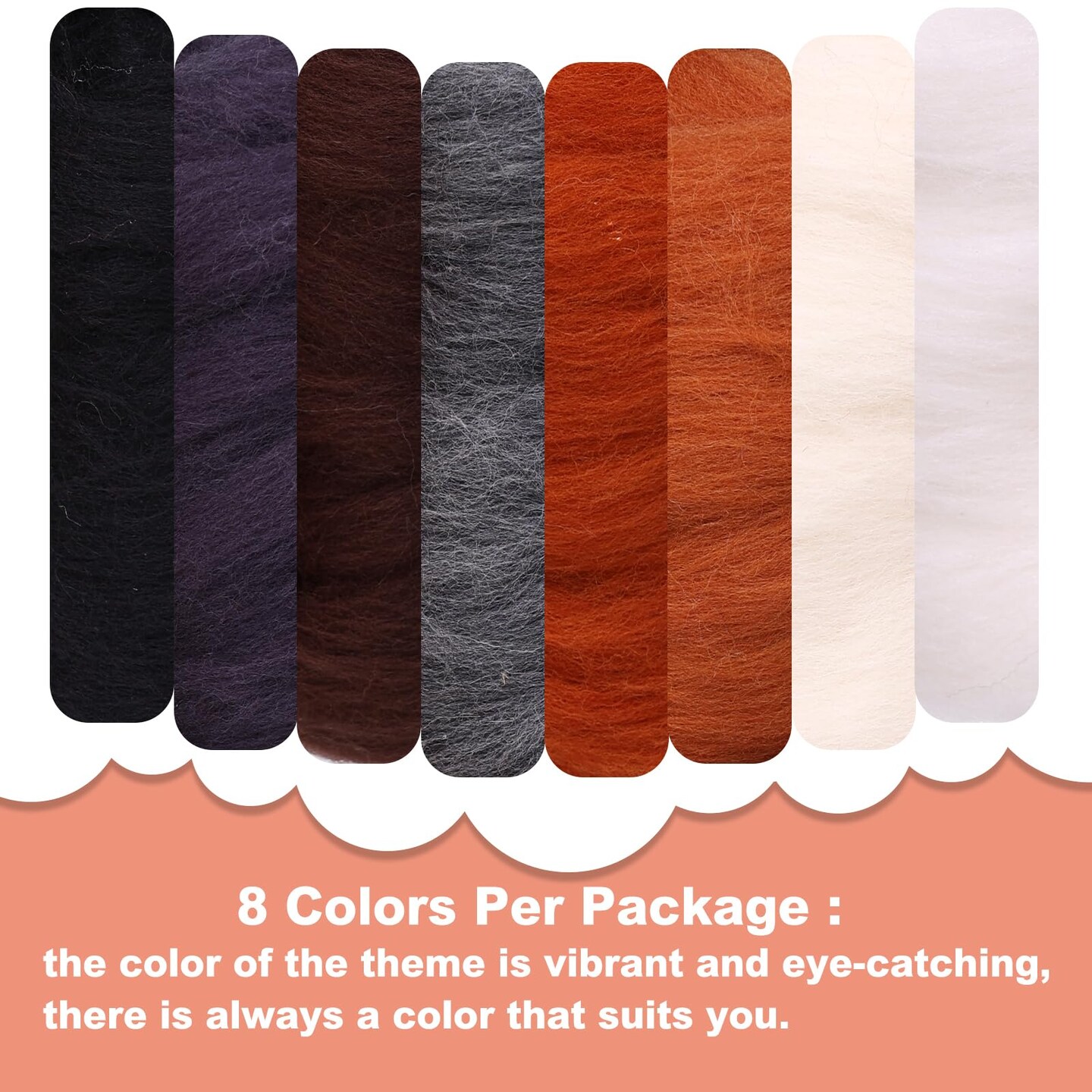 Needle Felting Wool 80 g, Wool Roving, 8 Colors Felting Wool, Felting Wool Bulk, Wool Roving for Needle Felting, for DIY Craft Materials and Felting Wool Craftsmen, White, Black, Brown