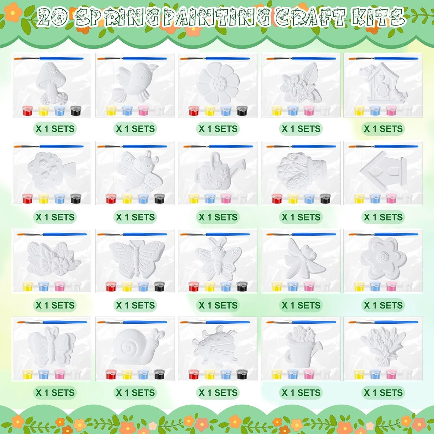 20 Set Spring DIY Painting Kit Ceramic to Paint Your Own Flowers Bee Snail Bird Butterfly Statues Unpainted Plaster Figurines Brushes Acrylic Paints Bags Party Favor for Adults