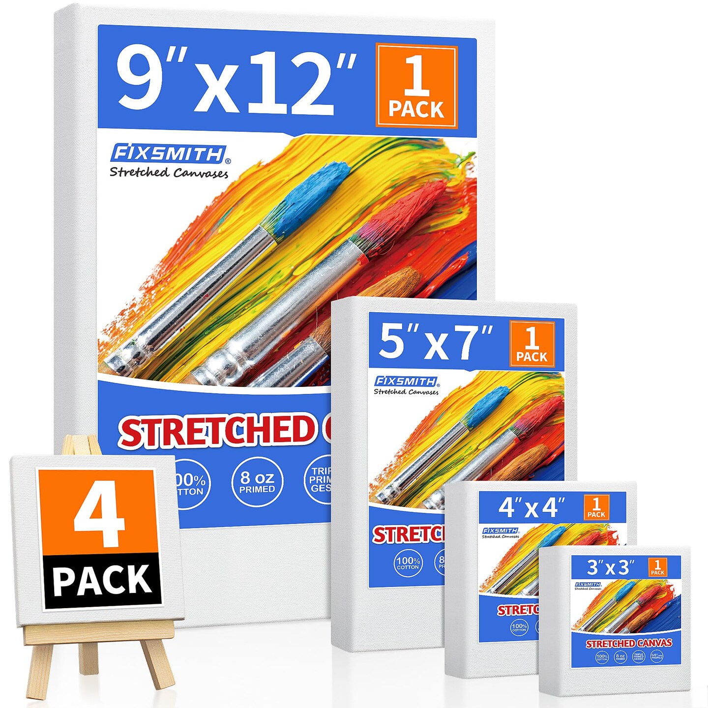 FIXSMITH Stretched Canvas for Painting, 3&#x22;x3&#x22;, 4&#x22;x4&#x22;, 5&#x22;x7&#x22;, 9&#x22;x12&#x22;, Pack of 4, Pre-Primed Canvases Wood Framed Canvas Boards for Oil Acrylic Paint, Acid-Free Painting Canvas for Kids &#x26;Artists